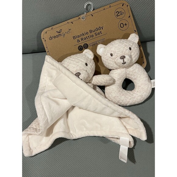 Dream Gro Tan Bear Lovey Baby Blanket Rattle Gift Set Embroidered Eyes Nose Ears - Picture 2 of 4